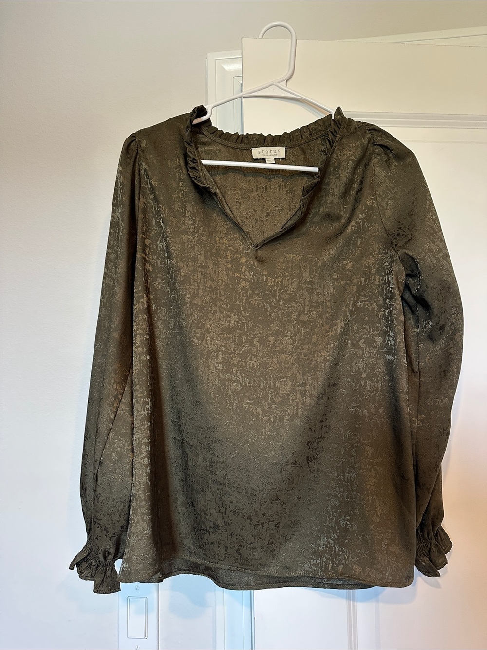 Women’s Olive Textured Satin Blouse with Ruffle Neckline